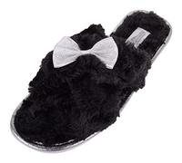 ABSOLUTE FOOTWEAR Samantha, Womens Slip On Faux Fur Slipper Sliders with Bow Design - Black - Small (UK 3 / UK 4)