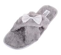 ABSOLUTE FOOTWEAR Samantha, Womens Slip On Faux Fur Slipper Sliders with Bow Design - Grey - Medium (UK 5 / UK 6)