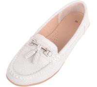 ABSOLUTE FOOTWEAR Womens Easy Slip On Casual Summer Loafer Deck Shoes with Tassel Design - White - UK 6 / EU 39