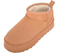 ABSOLUTE FOOTWEAR Womens Easy Slip On Low Cut Ankle Platform Boot with Faux Fur Lining - Tan - UK 6 / EU 39