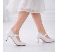 ABSOLUTE FOOTWEAR Women's High Heel Court Shoe Satin Look Asymmetric Bow Trim Bar Strap in White | Size: 5 ABSOLUTE FOOTWEAR White 5
