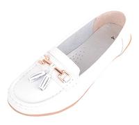 ABSOLUTE FOOTWEAR Womens Slip On Casual Wide Fit Leather Loafer Deck Boat Shoes with Tassel Detail - White - UK 4 / EU 37
