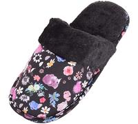 ABSOLUTE FOOTWEAR Womens Slip On Floral Mule Style Slippers with Faux Fur Inner and Cuff - Black - Large (UK 7 / UK 8)
