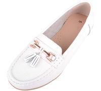 ABSOLUTE FOOTWEAR Womens Slip On Leather Loafer/Deck/Boat Shoes, White, UK 7