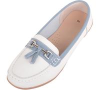 ABSOLUTE FOOTWEAR Womens Slip On Leather Loafer Deck Summer Shoes with Bar Tassel Trim - White/Baby Blue - UK 6