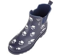 ABSOLUTE FOOTWEAR Womens Slip On Single Gusset Waterproof Paw Print Ankle Wellies Wellington Rain Boots - Navy - UK 7 / EU 40