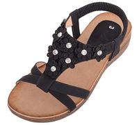 ABSOLUTE FOOTWEAR Womens Slip On Summer Holiday Floral Diamante Elasticated Sandals Shoes - Black - UK 5 / EU 38