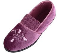 ABSOLUTE FOOTWEAR Womens Slip On Velour EE Fit Slippers with Elasticated Front and Contrasting Flower Design - Heather - UK 4 / EU 37