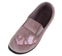 ABSOLUTE FOOTWEAR Womens Twin Gusset Velour Style Slippers with Butterfly Embroidery - Heather - UK 3 / EU 36