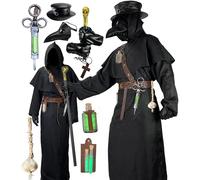 Absolute Vibe Plague Doctor Costume Set Halloween Props Renaissance Medieval Monk Priest Cosplay Outfit Mask Hat Robe Cane (Brown, L)