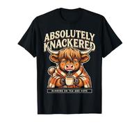 Absolutely Knackered Funny Highland Cow Running On Tea T-Shirt