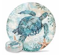 Absorbent Ceramic Coasters for Drinks 4" Diameter Round Water-Absorbent Quick-Drying Coaster Sea Turtle Ocean Animal Landscape Cup Mats(4 Piece)