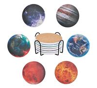 Absorbent Ceramic Drink Coaster Set of 6 Cork Backing with Metal Holder (Planet)