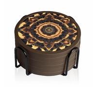 Absorbent Coasters for Drinks with Holder - 6packs, Silicone Coasters with Soft Felt Insert, Dual-Sided Mandala -Themed Patterns