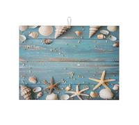 Absorbent Dish Drainer Mat Beach Wooden Board Ocean Starfish Countertops Protector Pad with Hanging Loop Sink Mats for Dishes Countertop 46X61cm