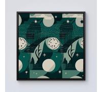 Abstact Green Cream Moon and Stars Framed Canvas Warren Reed - Designer Black W16 inch x H16 inch