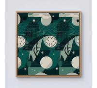 Abstact Green Cream Moon and Stars Framed Canvas Warren Reed - Designer Light Brown W16 inch x H16 inch