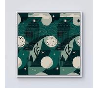 Abstact Green Cream Moon and Stars Framed Canvas Warren Reed - Designer Off White W30 inch x H30 inch