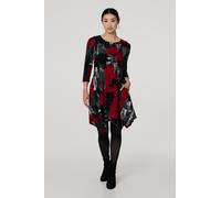 Izabel London Abstract 3/4 Sleeve Hanky Hem Midi Dress for Women UK with a Scoop Neck and a fit & Flare Shape. Red