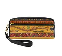 Abstract African National Pattern Printed Leather Makeup Bags with Wrist Strap Portable Travel Toiletry Bag Cosmetic Organizer Bag for Women