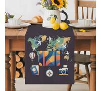 Abstract Aircraft Table Runner 13x108 Inches Long Map Luggage Camera Passport Hot Balloon Cotton Linen Table Runner Burlap Style for Dinner Table Party Decor Tabletop Decorations