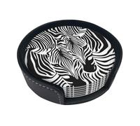 Abstract Animal Zebra Coasters For Drinks, 6 Pcs Leather Coaster With Holder, Round Cup Mat Pad Set For Home Office Table Decoration