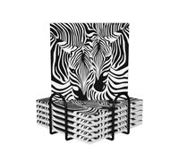 Abstract Animal Zebra Print Ceramic Coaster Set Of 6 Super Absorbent & Anti-Slip Coasters With Black Metal Bracket