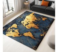 Abstract Area Rugs Living Room 80 x 150 cm, Dining Room Lounge, Kitchen Bedroom - Marble World Map Rug, Soft Short Pile Non-Slip Backing Easy Care, Black And Gold