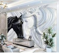 Abstract Art Black and White Double Horse Three Dimensional Relief 3D Wallpaper Silky Texture Home Study Office Grey Dining Room Sofa Bedroom Living Room TV Backdrop-200cm×140cm