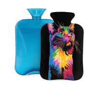 Abstract Art Colorful Cat Hot Water Bottle with Cover, 2L PVC Hot Water Bag for Pain Relief, Hand Foot Warmer, Hot & Cold Therapy with Removable Cover, Gift for Women Kids Family