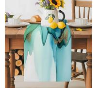 Abstract Art Marble Texture Table Runner 13x72 Inches Long Teal Green Gold Gradient Modern Art Cotton Linen Table Runner Burlap Style for Dinner Table Party Decor Tabletop Decorations