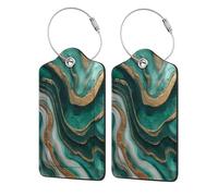 Abstract Art Metallic Gold Emerald Waves Marble Luggage Tag for Suitcase 2 Pack Leather Luggage Tag with Privacy Flap Name Id Label and Metal Loop for Women Men Travel