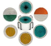 Abstract Art Minimalist Set of 6 Absorbent Ceramic Coasters with Cork Base & Holder,10cm Round Drink Mats for Mugs, Wine Glasses - Spill Protection for Wood/Glass Tables