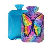 Abstract Art Rainbow Butterfly Hot Water Bottle with Cover, 2L PVC Hot Water Bag for Pain Relief, Hand Foot Warmer, Hot & Cold Therapy with Removable Cover, Gift for Women Kids Family
