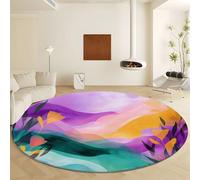 Abstract Art Round Rug 120 cm for Living Room, Washable Circle Entrance Rug Non Slip Round Doormat Indoor Colorful Stripe Wildflower Green Leaf Printed Carpet Bedroom Study Home Office Decor