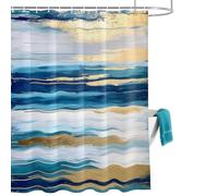 Abstract Art Shower Curtain for Bathroom, Watercolor Blue Gold White Ocean Waves Modern Waterproof Cloth Fabric Bathroom Accessories Set with 12 Rust Proof Plastic Hooks, 66” x 72”