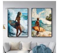 Abstract Art Surfing Seaside Joy Canvas Painting Surfer Walking with Board Poster Print Girl Surfing Home Decor 40x60cmx2 Frameless