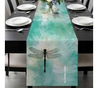 Abstract Art Table Runner 13x120 Inches Long Black White Dragonfly Wings Turquoise Gradient Cotton Linen Table Runner Burlap Style for Dinner Table Party Decor Tabletop Decorations