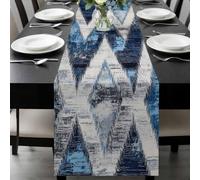 Abstract Art Table Runner 13x90 Inches Long Blue White Gray Geometric Vintage Modernism Cotton Linen Table Runner Burlap Style for Dinner Table Party Decor Tabletop Decorations