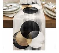 Abstract Art Table Runner 18 x 72 Inch, Mottled Black White Gold Circle Moon Geometric Washable Cotton Linen Dining Table Runner Tabletop Decorations for Restaurant Home Kitchen Party