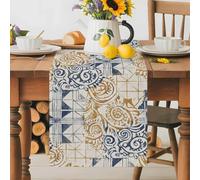 Abstract Art Table Runner 18x72 Inches Long Vintage Khaki Navy Blue Mottled Geometric Patterned Cotton Linen Table Runner Burlap Style for Dinner Table Party Decor Tabletop Decorations