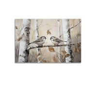 Abstract Aspen & Birch Tree Canvas Wall Art Autumn Forest Birds Landscape Artwork Modern Nature Scenic Hanging Paintings Poster Fresh Decor for Living Room 12x18inch(30x45cm)