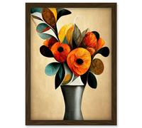 Abstract Autumn Field Flower Bouquet Silver Vase Orange Artwork Framed Wall Art Print A4 Artery8 Brown One Size