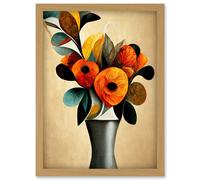 Abstract Autumn Field Flower Bouquet Silver Vase Orange Artwork Framed Wall Art Print A4 Artery8 Light Oak One Size