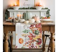 Abstract Autumn Pumpkin Table Runner 72 Inches Long, Fall Green Leaves on Wood Board Washable Table Runners Heat-Insulation Kitchen Dining Table Decorations for Home Party Decor 13x72in