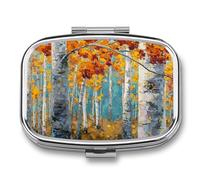 Abstract Autumnal Birch Forest with Gold Leaf Pill Box 2 Compartment Portable Medicine Pill Case Travel Pill Organizer for Pocket Purse