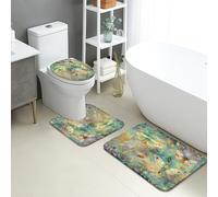 Abstract Bathroom Mat Sets 3 Piece, Colorful Butterfly Flower Absorbent Non Slip Toilet Rugs U Shaped Washable, Spring Inspired Quick Dry Flannel Bathroom Rug Set