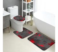 Abstract Bathroom Mat Sets 3 Piece, Red Gray Splatter Art Absorbent Non Slip Toilet Rugs U Shaped Washable, Modern Quick Dry Memory Foam Bathroom Rug Set