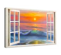 Abstract Beach 3D Window View Canvas Wall Art Sunset Seascape Prints Painting Living Room Wall Decor Tropical Ocean Nature Coastal Scenery Picture Artwork for Bathroom Bedroom Home Decoration 30x40cm