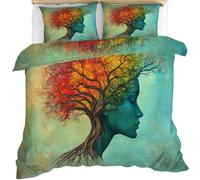 Abstract Bedding Set Double Size 3 Piece, Wisdom Tree Duvet Cover Set, Female Portrait Comforter Cover and 2 Pillow Sham with Zipper Closure 200 x 200cm